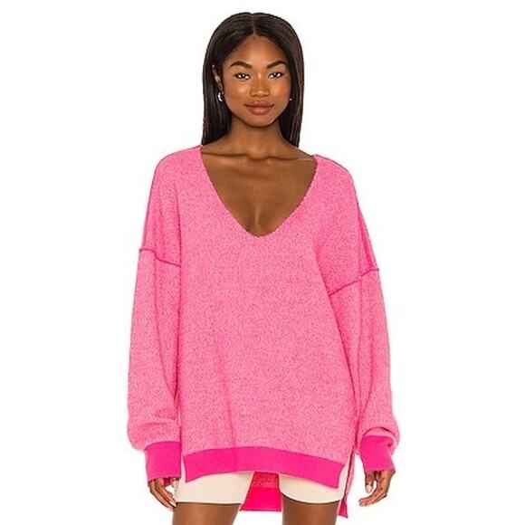Free People Sweater Weather V-Neck In Hot Pink Combo Size L. NEW - Picture 1 of 10